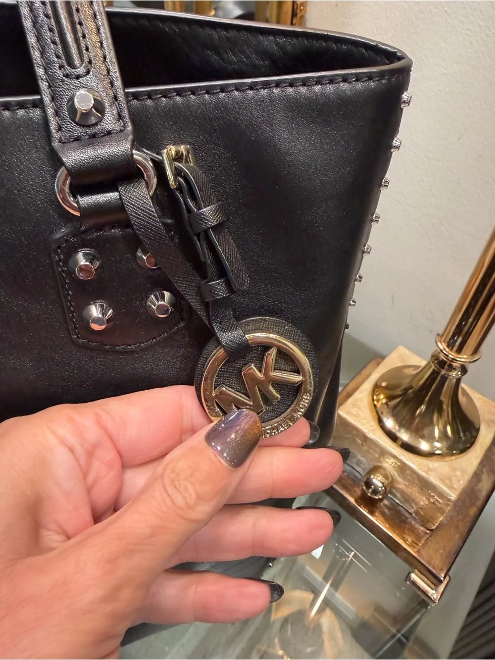 Michael Kors Black Leather Studded Chic Top Handle Tote NWOT